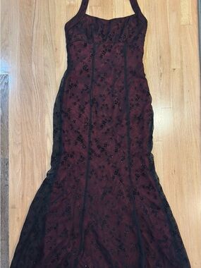 Classic Burgundy and Black Beaded Evening Dress